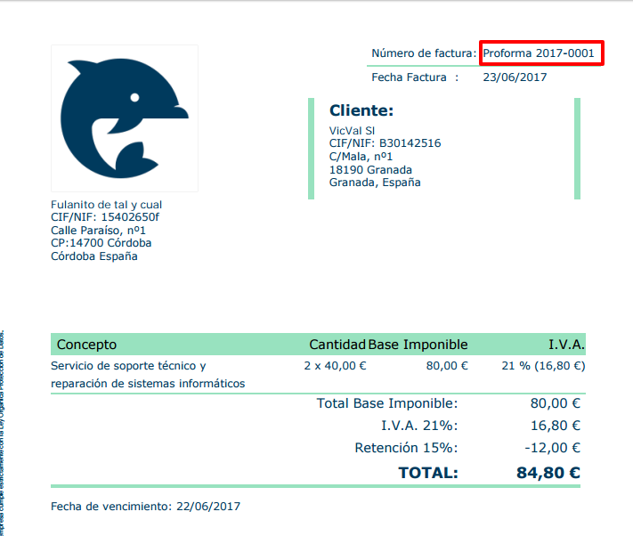 Ejemplo de tipo de factura proforma