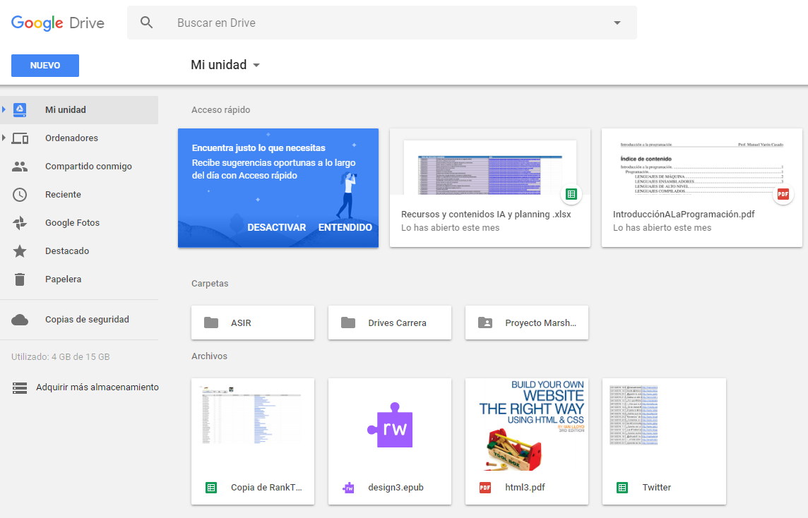 Interfaz de la herramienta de productividad Google Drive