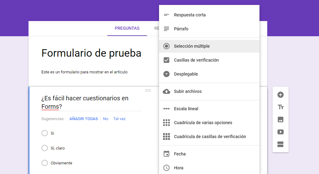 Ejemplo de una pregunta en Google Forms