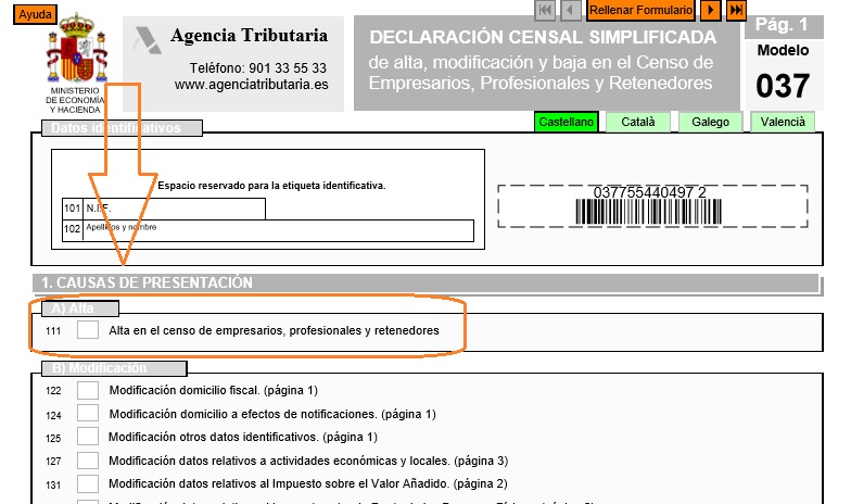 Imagen del modelo 037 indicando una de sus partes