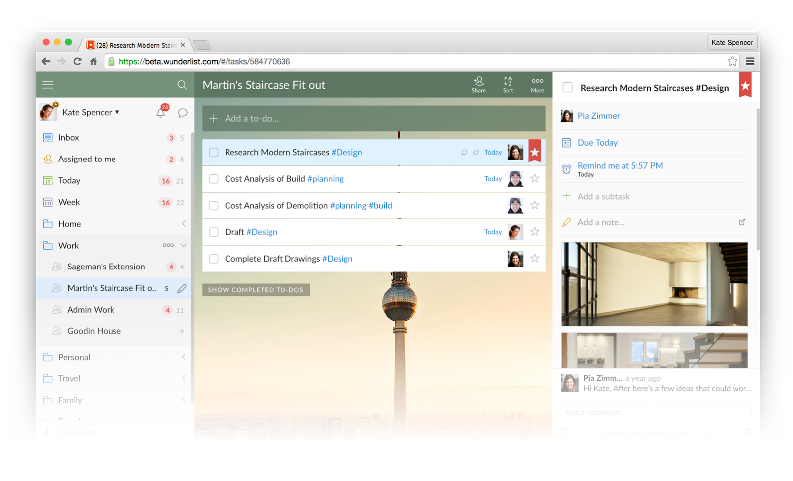 Interfaz de la herramienta de productividad Wunderlist